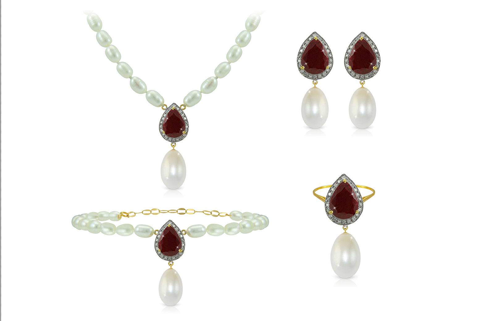 Vera Perla 18K Gold 0.60ct Diamonds, Royal Indian Ruby and 13mm Pearl 4 pcs set
